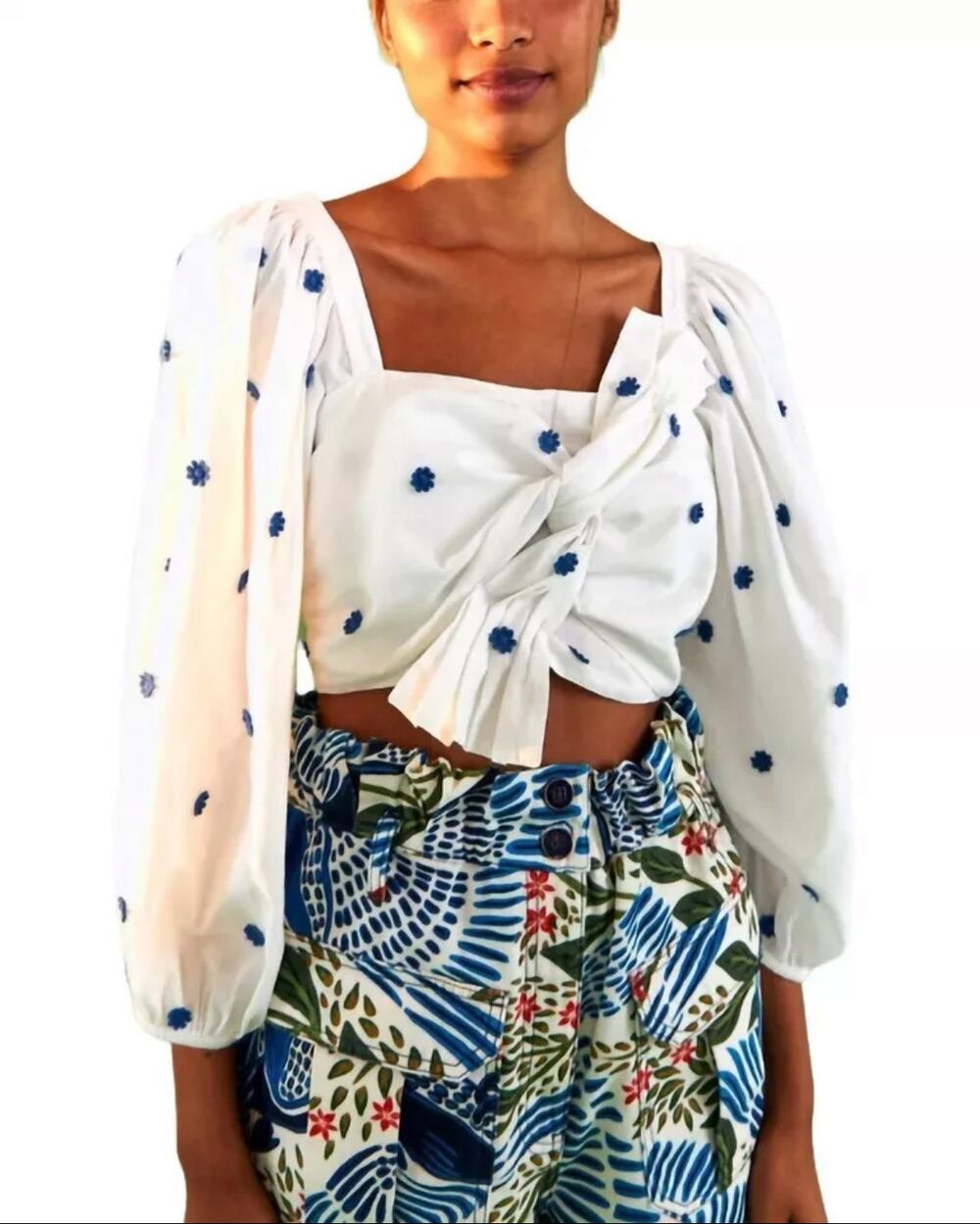 FARM RIO White Floral Embroidered Crop Top Blouse Cotton Puff Sleeve Medium EUC